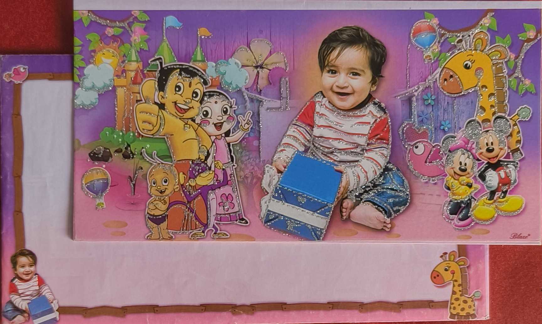 Birthday invitation card printed with the child's own photograph and glitter detailing