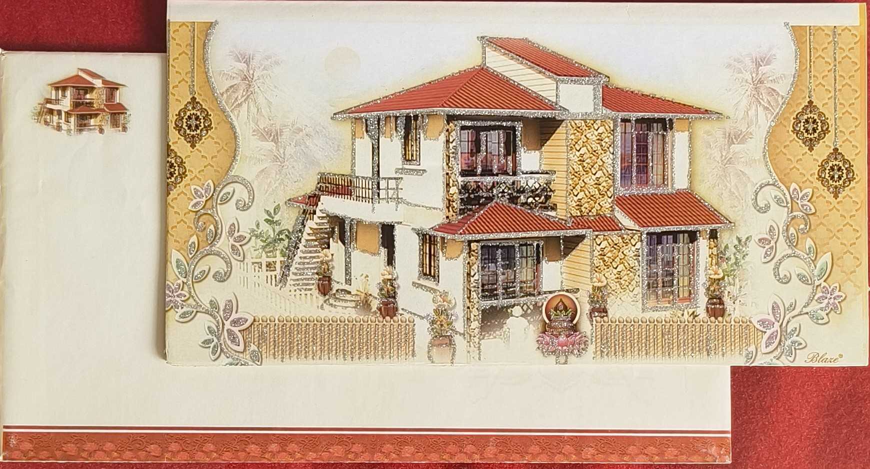 Griha pravesh invitation card with a glitter-outlined illustration of a new house
