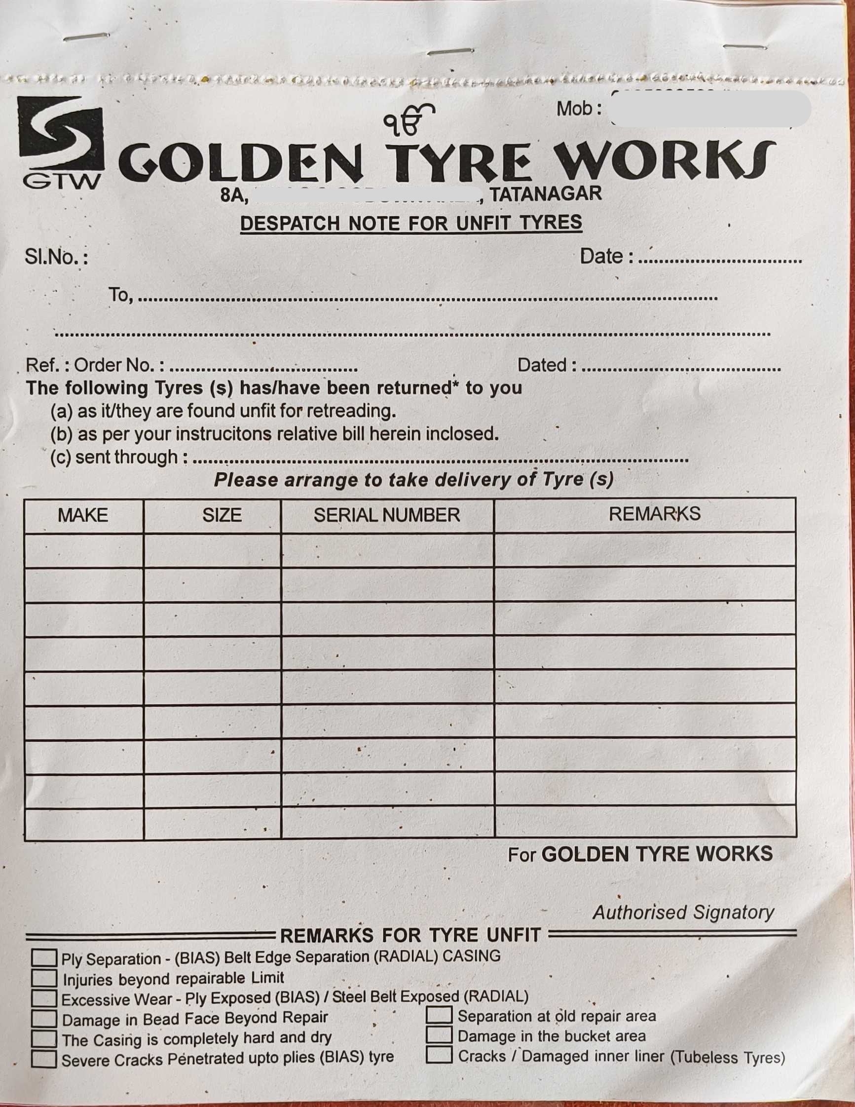 Printed despatch note book with a business letterhead and a ruled entry table